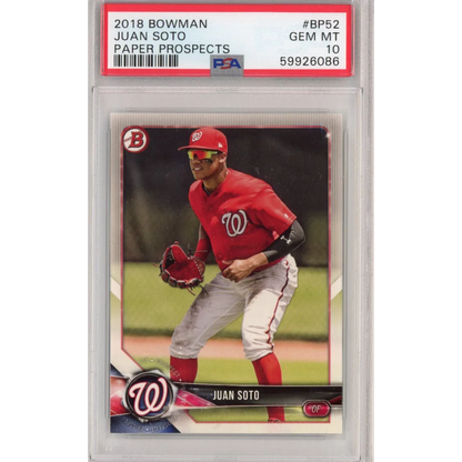 Graded 2018 Bowman Paper Prospects Juan Soto #BP52 Rookie RC Baseball Card PSA 10 Gem Mint | Hall of Fame Sports Memorabilia | vintageantiquesgifts.com