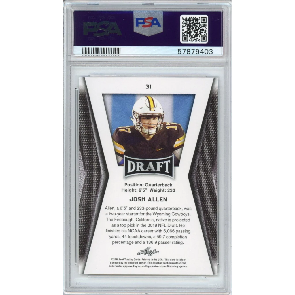 Graded Josh Allen football trading card PSA 10 GEM MINT by Professional Sports Authenticator