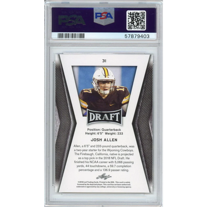 Graded Josh Allen football trading card PSA 10 GEM MINT by Professional Sports Authenticator