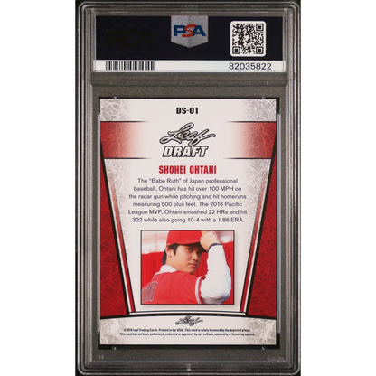 Red and white graded 2018 Leaf Draft Shohei Ohtani rookie baseball card in PSA 10 gem mint slab
