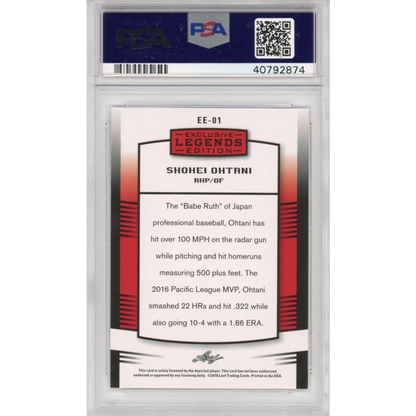 Red and black graded 2018 Leaf Legends Shohei Ohtani rookie baseball card encased in a psa 10 gem mint slab