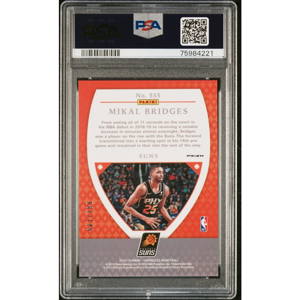 Graded 2018 Panini Chronicles Mikal Bridges Red Basketball Card on display