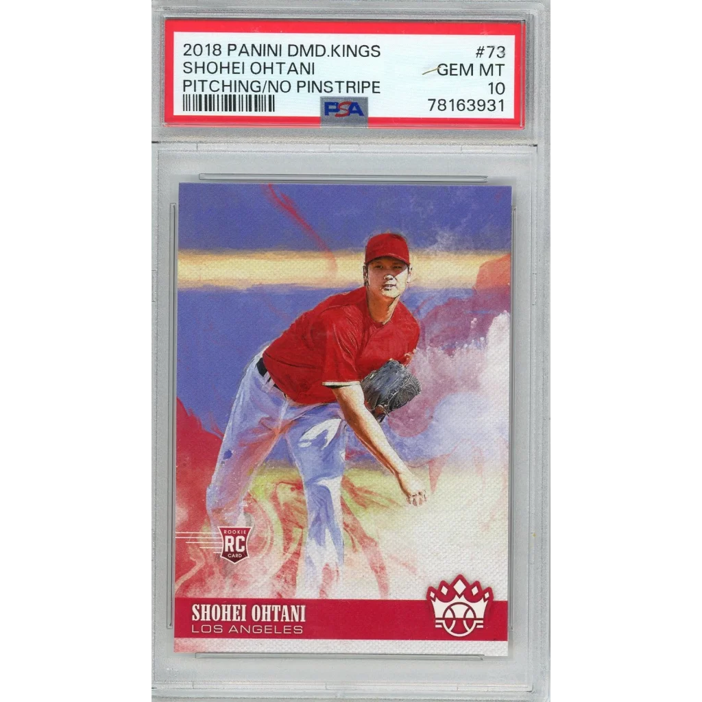Graded 2018 Panini Diamond Kings Shohei Ohtani rookie baseball card in red and blue tones PSA 10 gem mint