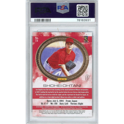 Graded 2018 Panini Diamond Kings Shohei Ohtani rookie baseball card in red and gold border in PSA 10 protective slab