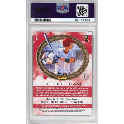 Graded 2018 Panini Diamond Kings shohei ohtani rookie baseball card featuring him in red helmet and white uniform