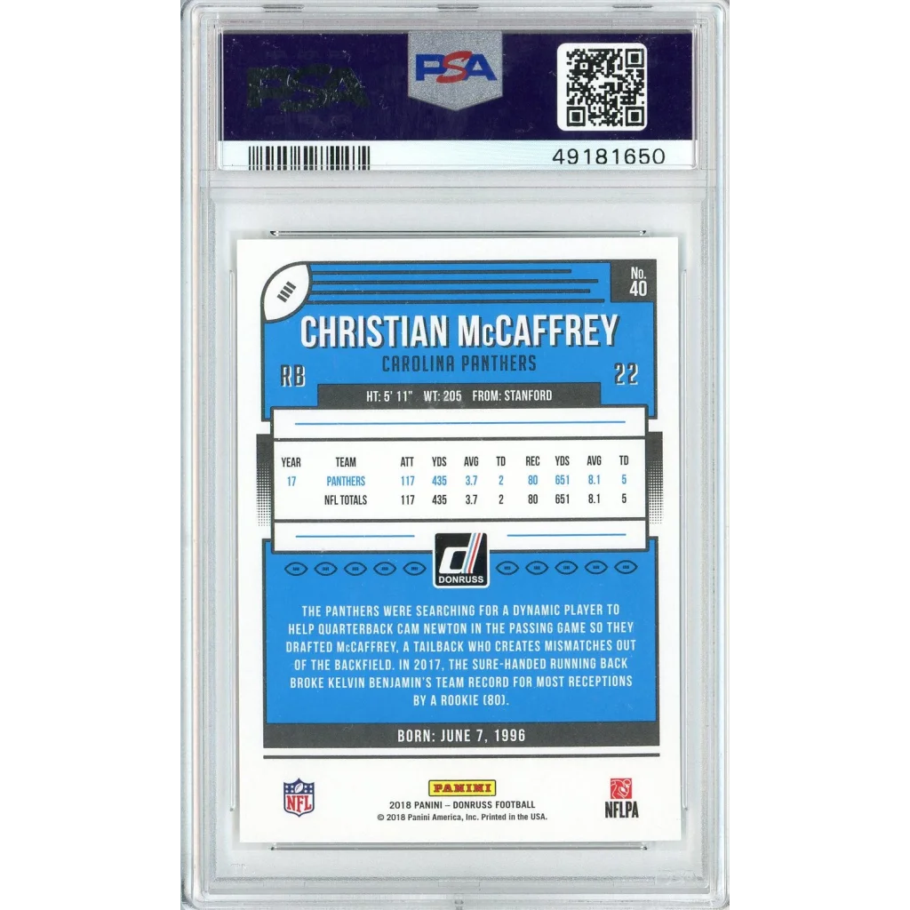 Christian McCaffrey 2018 Panini Donruss football card in PSA graded slab