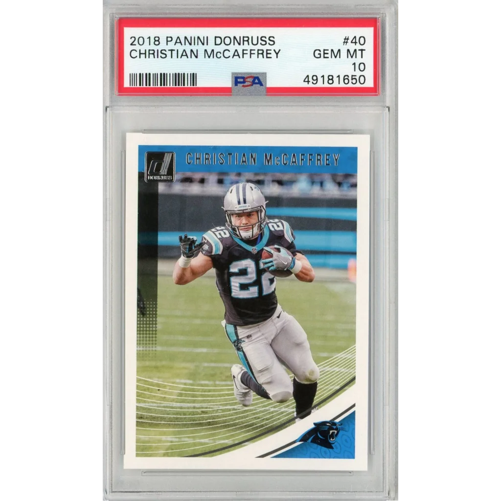 PSA graded 2018 Panini Donruss Christian McCaffrey football card showing detail