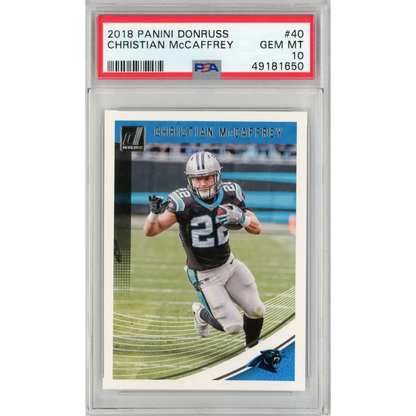 PSA graded 2018 Panini Donruss Christian McCaffrey football card showing detail