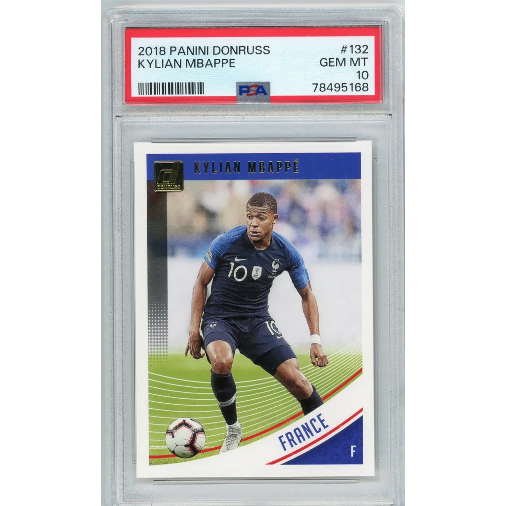A graded 2018 Panini Donruss Kylian Mbappe soccer card certified Gem Mint 10 by PSA