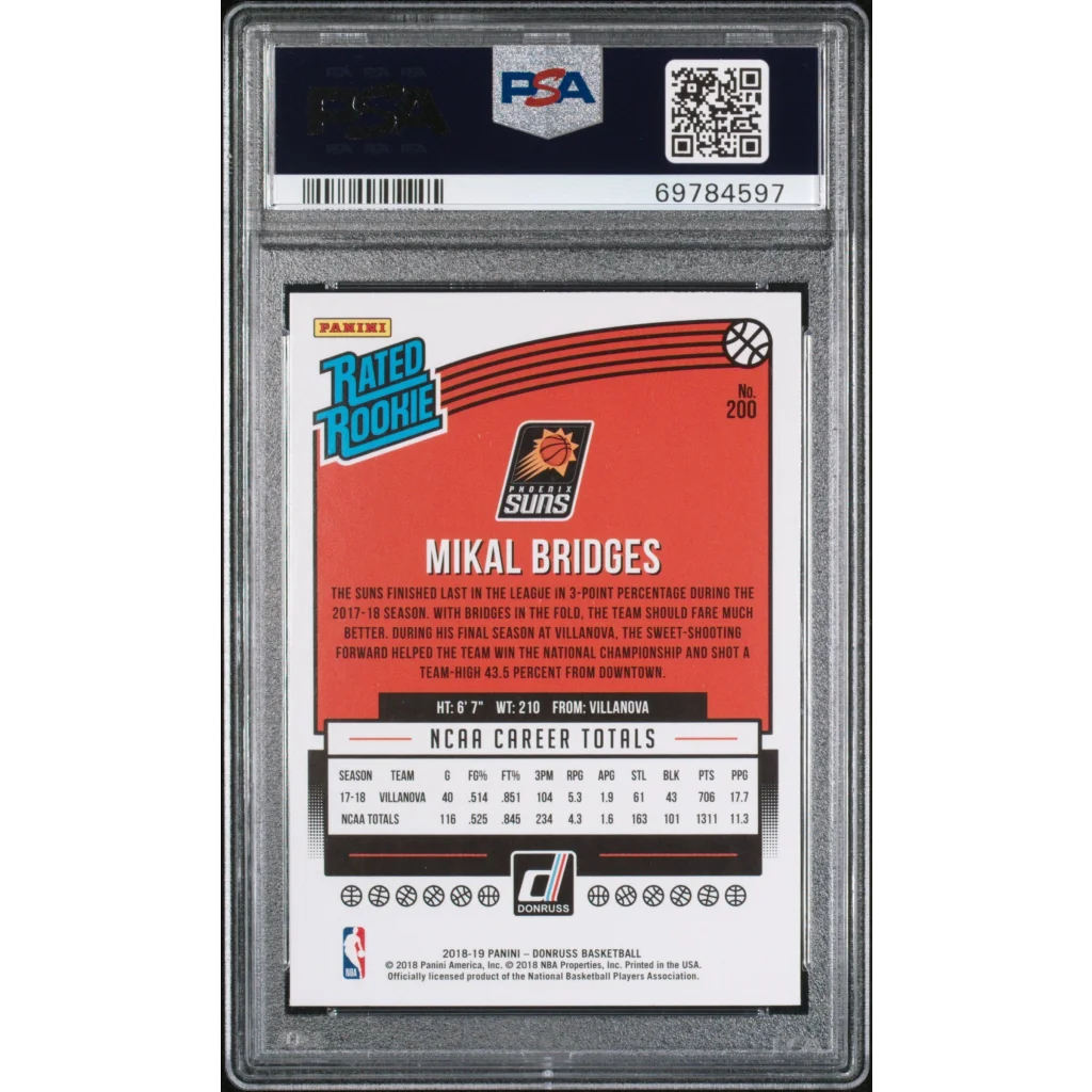 Graded 2018 Panini Donruss Mikal Bridges #200 Rookie RC Basketball Card PSA 10 Gem Mint | PSA 10 Gem Mint Graded Rookie Card | vintageantiquesgifts.com