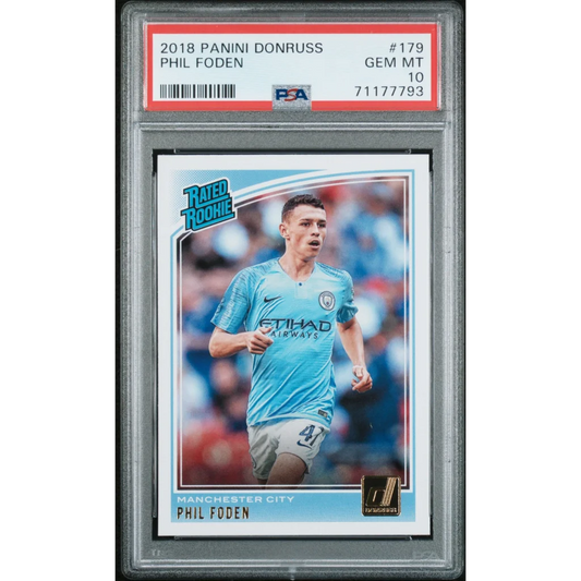 Graded PSA 10 Gem Mint 2018 Panini Donruss Phil Foden #179 Rookie Soccer Card