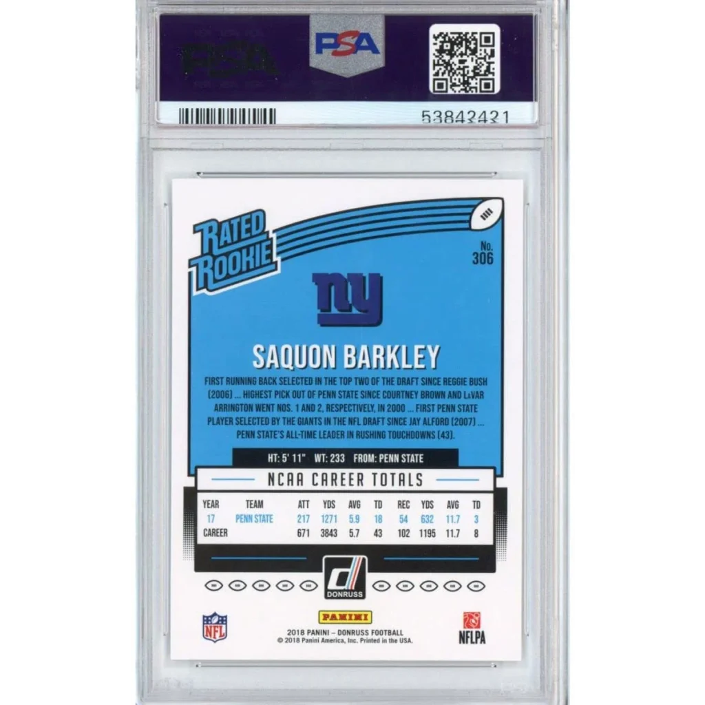 Graded 2018 Panini Donruss Saquon Barkley #306 Rookie RC PSA 10 Gem Mint Card