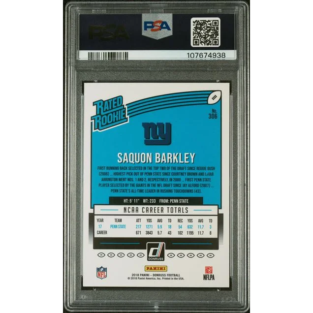 Graded 2018 Panini Donruss Saquon Barkley #306 Rookie RC Football Card PSA 9 Mint | PSA 9 Mint Graded Rookie Card | vintageantiquesgifts.com