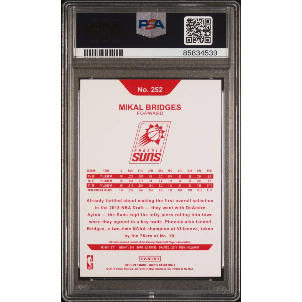 Graded 2018 Panini Hoops Mikal Bridges #252 Rookie RC Basketball Card PSA 10 Gem Mint | PSA 10 Gem Mint Graded Rookie Card | vintageantiquesgifts.com