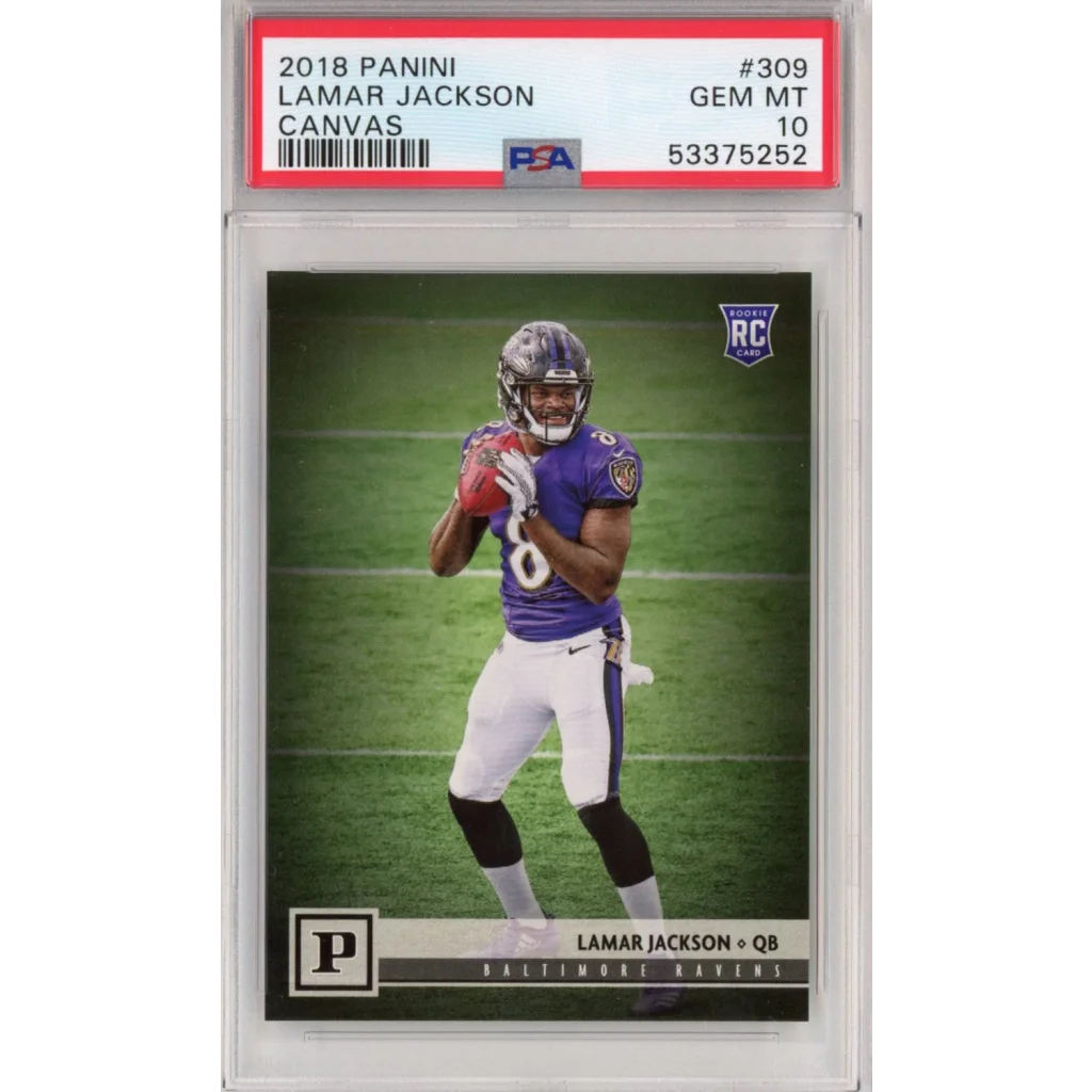 Graded 2018 Panini Lamar Jackson #309 Canvas Rookie RC Football Card PSA 10 Gem Mint | Hall of Fame Sports Memorabilia | vintageantiquesgifts.com