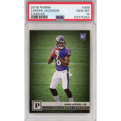 Graded 2018 Panini Lamar Jackson #309 Canvas Rookie RC Football Card PSA 10 Gem Mint | Hall of Fame Sports Memorabilia | vintageantiquesgifts.com