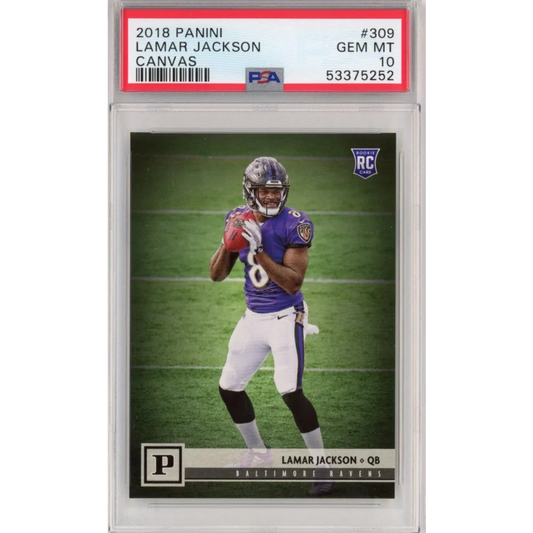 Graded 2018 Panini Lamar Jackson #309 Canvas Rookie RC Football Card PSA 10 Gem Mint | Hall of Fame Sports Memorabilia | vintageantiquesgifts.com