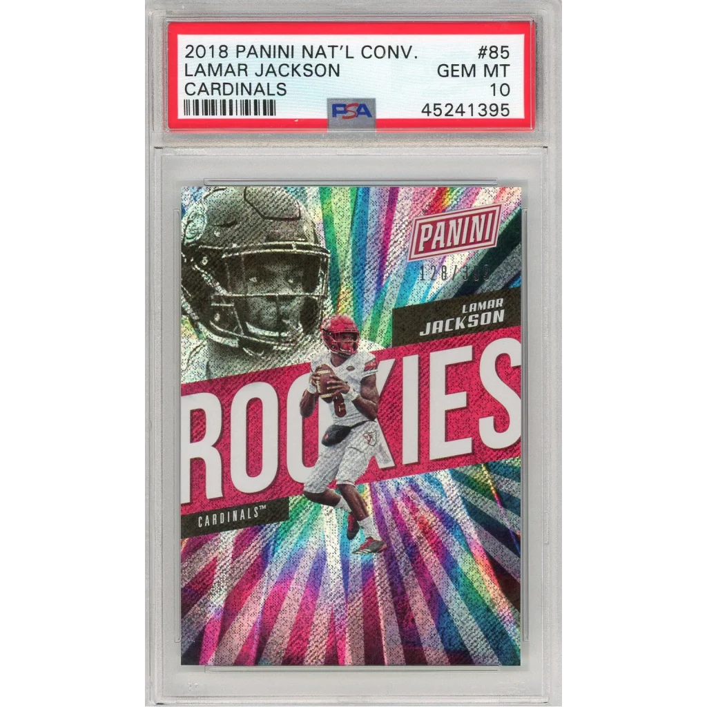 Graded 2018 Panini Lamar Jackson Rookie Football Card in PSA case