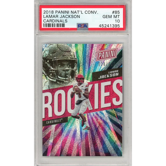 Graded 2018 Panini Lamar Jackson Rookie Football Card in PSA case