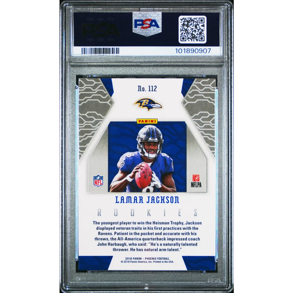 Graded 2018 Panini Phoenix Lamar Jackson #112 Rookie RC Football Card PSA 10 Gem Mint | PSA 10 Gem Mint Graded Rookie Card | vintageantiquesgifts.com