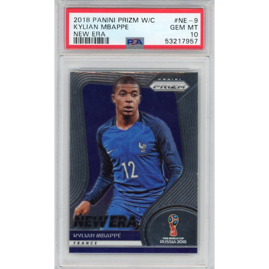 A graded PSA 10 Kylian Mbappe 2018 Panini Prizm New Era soccer card