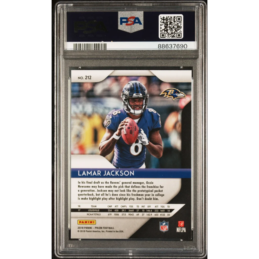 Graded 2018 Panini Prizm Lamar Jackson #212 Rookie RC Football Card PSA 10 Gem Mint | PSA 10 Gem Mint Graded Rookie Card | vintageantiquesgifts.com