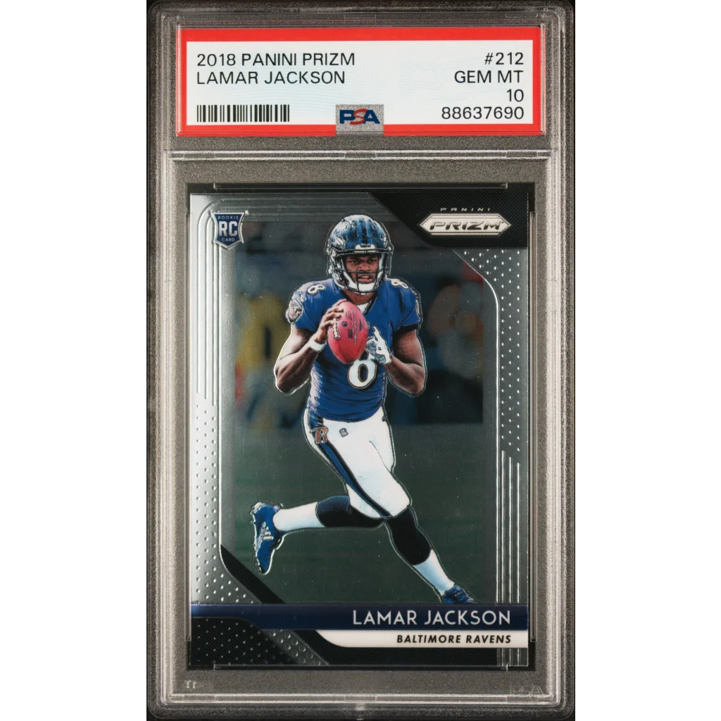 PSA graded 2018 Panini Prizm Lamar Jackson rookie football card on display