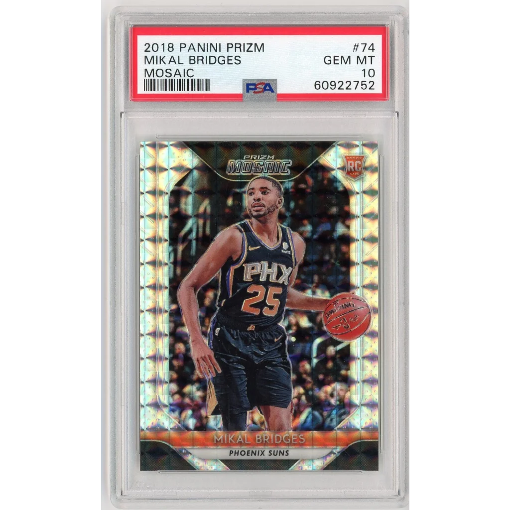 A graded GEM MT 10 Mikal Bridges 2018 Panini Prizm Mosaic basketball card numbered 74