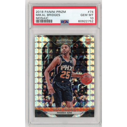 A graded GEM MT 10 Mikal Bridges 2018 Panini Prizm Mosaic basketball card numbered 74