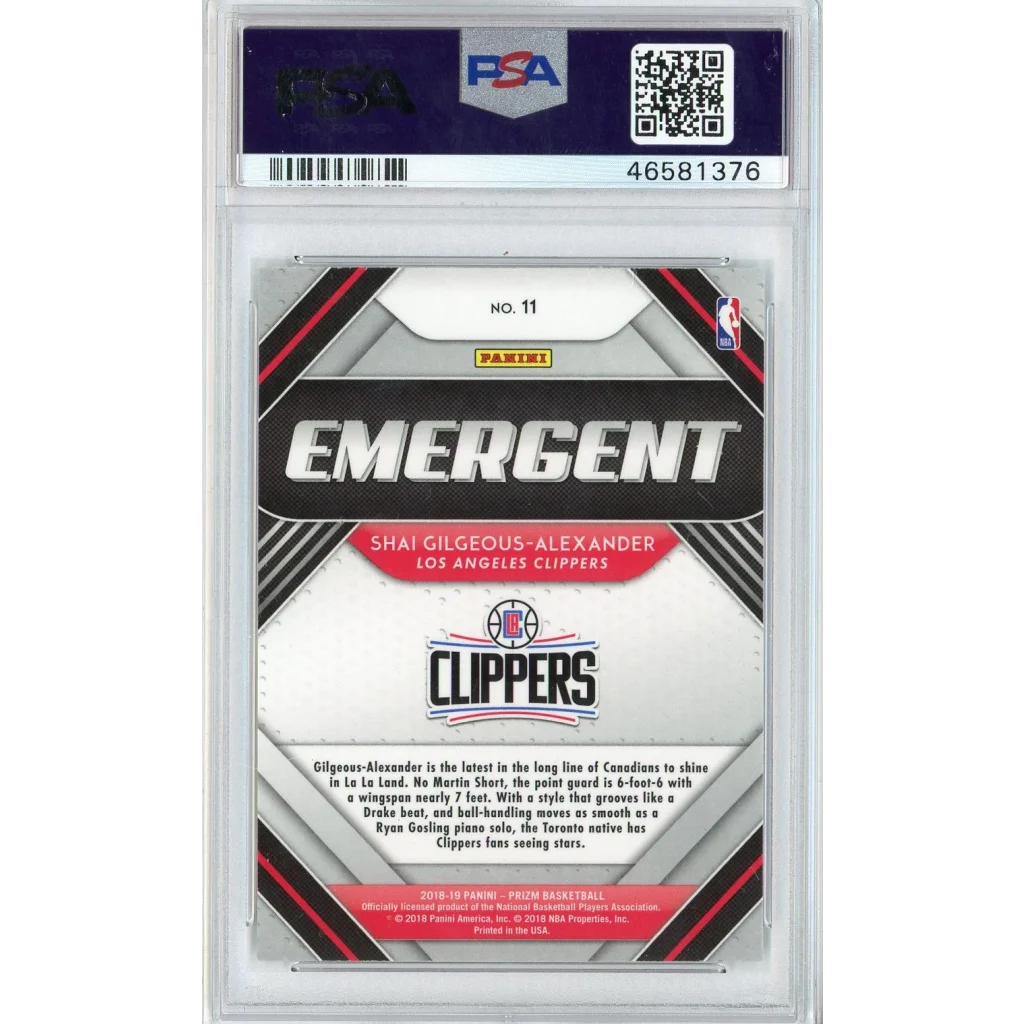 Perfect GEM MT 10 Shai Gilgeous Alexander Panini Prizm Emergent Rookie card in mint condition