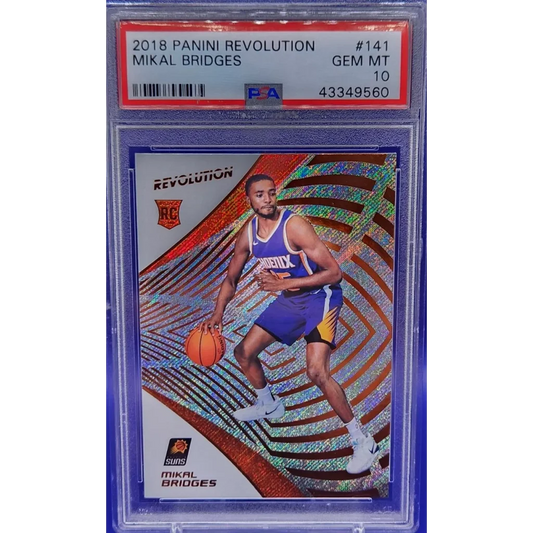 A graded 2018 Panini Revolution Mikal Bridges basketball card in PSA holder