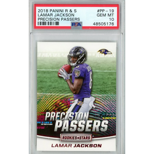 Graded 2018 Panini Rookies & Stars Lamar Jackson #PP-19 Precision Passers Rookie RC Football Card PSA 10 Gem Mint | Hall of Fame Sports Memorabilia | vintageantiquesgifts.com