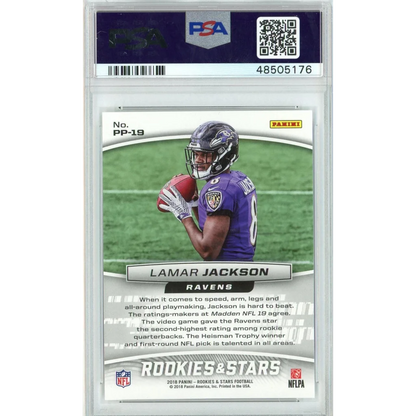 A graded Lamar Jackson 2018 Panini rookie football card in PSA case