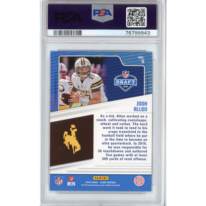 Graded 2018 Panini Score Josh Allen #5 NFL Draft Rookie RC Football Card PSA 10 Gem Mint | PSA 10 Gem Mint Graded Rookie Card | vintageantiquesgifts.com