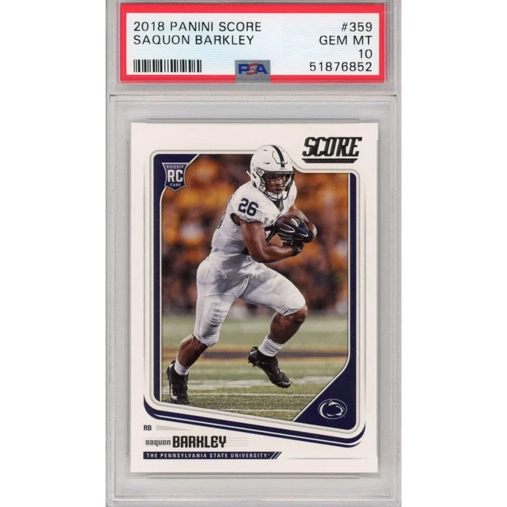 A graded 2018 Panini Score Saquon Barkley rookie card in PSA Treasure holder