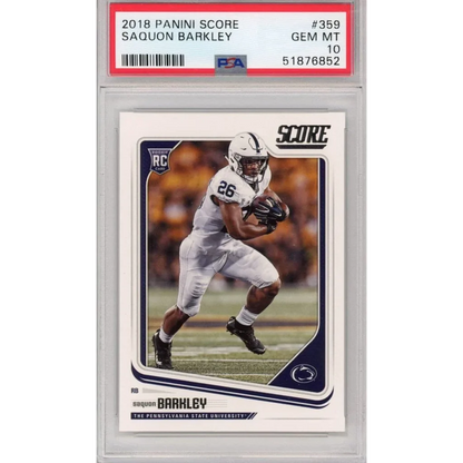 A graded 2018 Panini Score Saquon Barkley rookie card in PSA Treasure holder