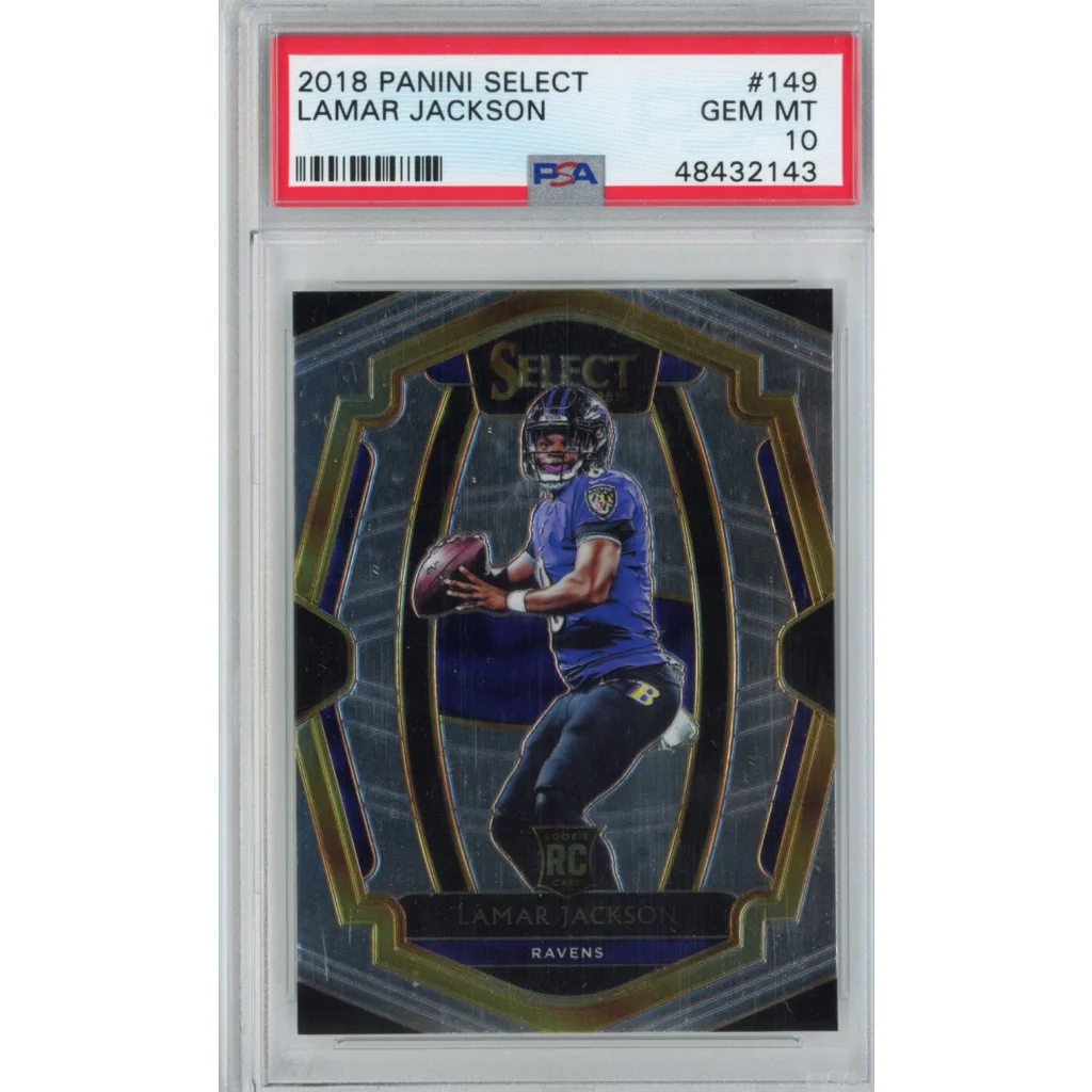 Graded 2018 Panini Select Lamar Jackson #149 Premier Level Rookie RC Football Card PSA 10 Gem Mint | Hall of Fame Sports Memorabilia | vintageantiquesgifts.com