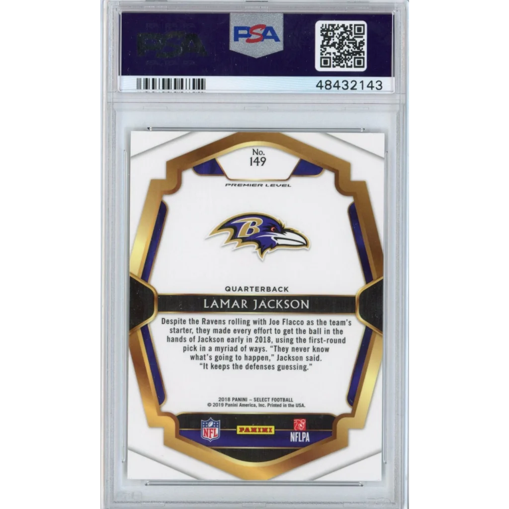 Graded 2018 Panini Select Lamar Jackson #149 Premier Level Rookie RC Football Card PSA 10 Gem Mint | PSA 10 Gem Mint Graded Rookie Card | vintageantiquesgifts.com