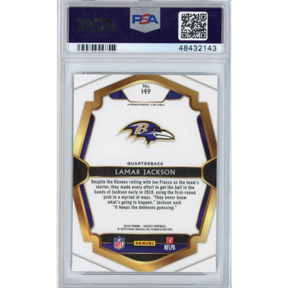 Graded 2018 Panini Select Lamar Jackson #149 Premier Level Rookie RC Football Card PSA 10 Gem Mint | PSA 10 Gem Mint Graded Rookie Card | vintageantiquesgifts.com