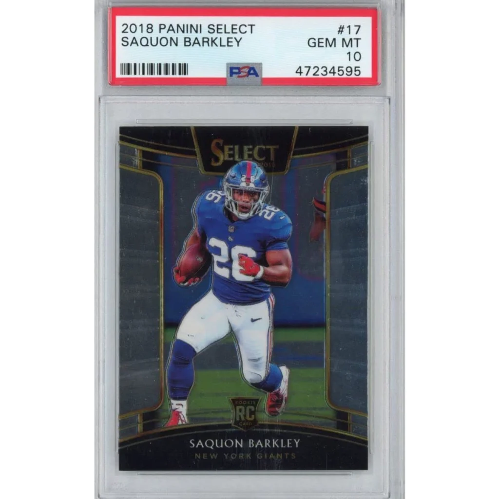 PSA Graded 2018 Panini Select Saquon Barkley rookie card on display