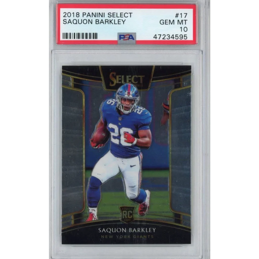 PSA Graded 2018 Panini Select Saquon Barkley rookie card on display