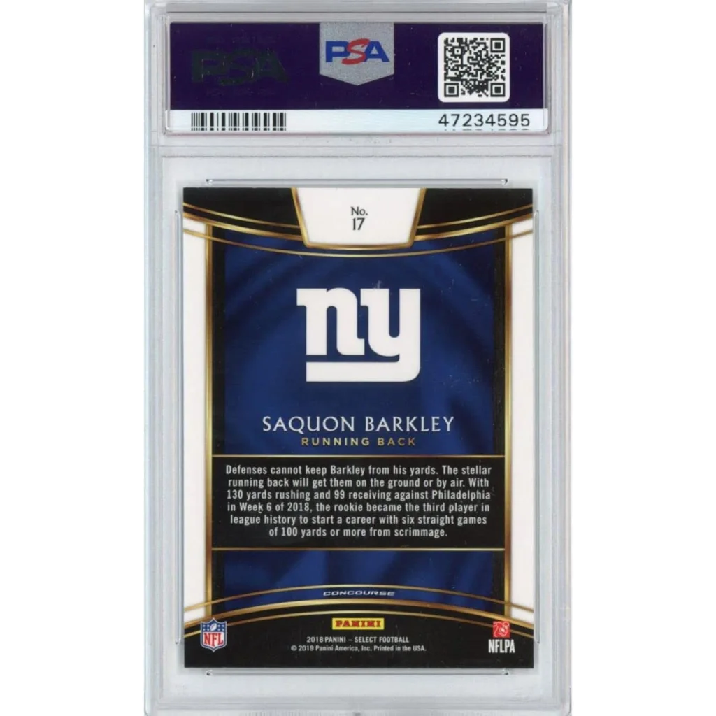 High-quality PSA graded Saquon Barkley 2018 Panini Select Rookie Card for Giants fans