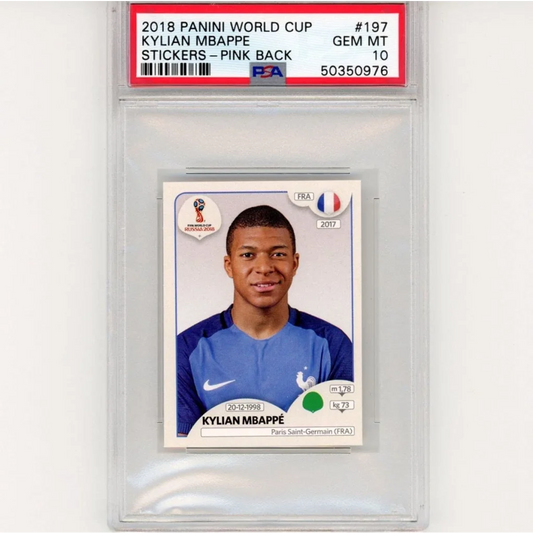 PSA 10 Kylian Mbappe 2018 World Cup Panini soccer sticker with pink back Gem Mint