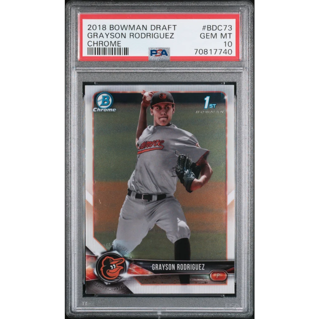PSA graded 2018 Bowman Draft Grayson Rodriguez Chrome baseball card by professional sports authenticator