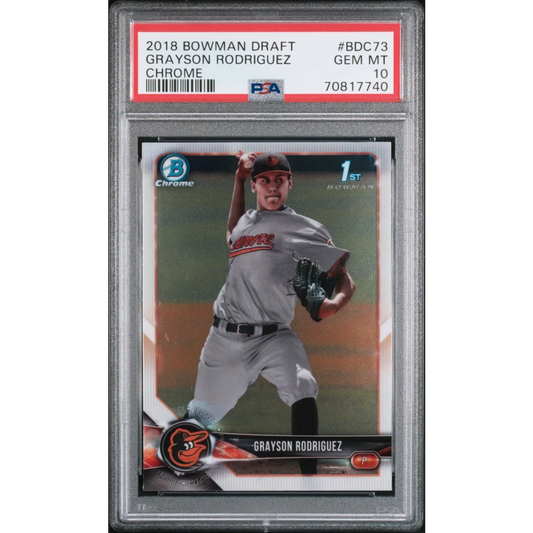 PSA graded 2018 Bowman Draft Grayson Rodriguez Chrome baseball card by professional sports authenticator