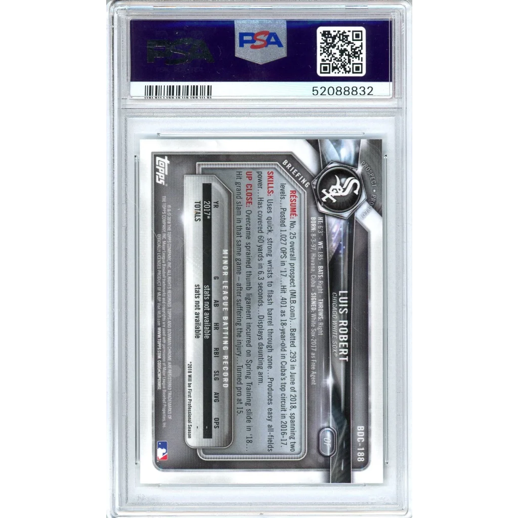 Graded 2018 Topps Bowman Draft Luis Robert #BDC188 Chrome Baseball Card PSA 10 Gem Mint | PSA 10 Gem Mint Graded Rookie Card | vintageantiquesgifts.com