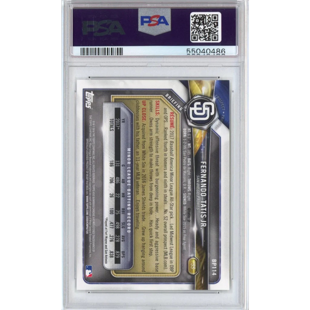 Graded 2018 Topps Bowman Fernando Tatis Jr. #BP114 Paper Prospects Rookie RC Baseball Card PSA 10 Gem Mint | PSA 10 Gem Mint Graded Rookie Card | vintageantiquesgifts.com