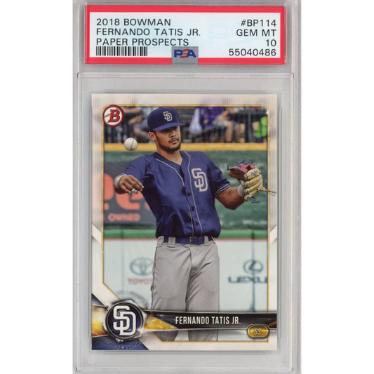 Graded 2018 Bowman Fernando Tatis Jr Paper Prospects baseball card in PSA case