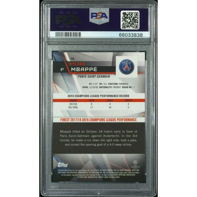 Graded Kylian Mbappe 2018 Finest Green Refractor Soccer Trading Card in PSA case