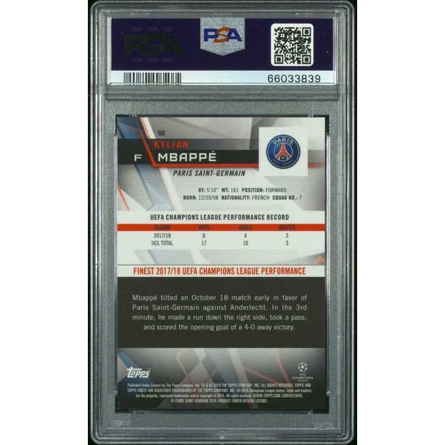 PSA Graded Mbappé Green Refractor Champions League Card showing Kylian Mbappé in action